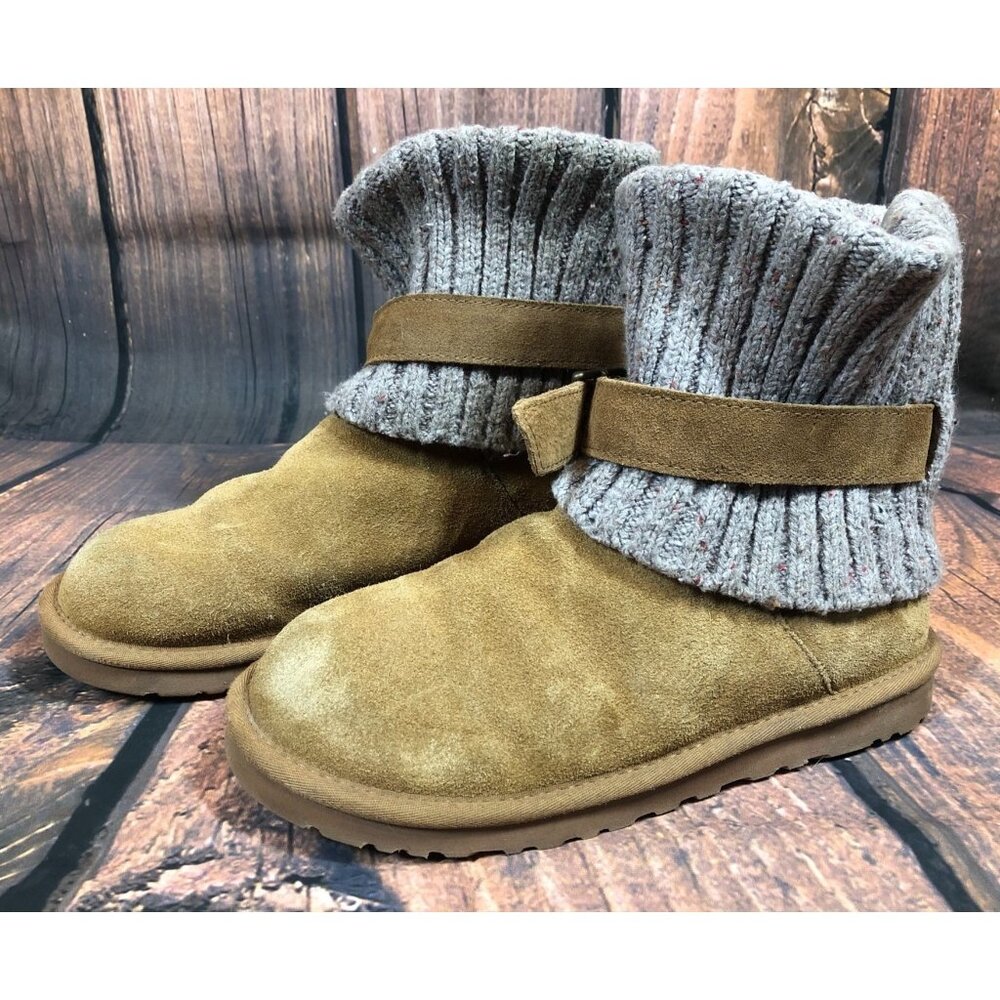 UGG Cambridge Knit Chestnut Suede Belted Boots Sheepskin Womens 9 (v4m)